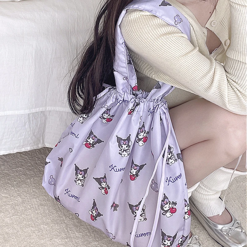 

Kawaii Kuromis Cinnamorolls Print Folding Shopping Bag Student Shoulder Bag Large Capacity Portable Drawstring Bag for Girls