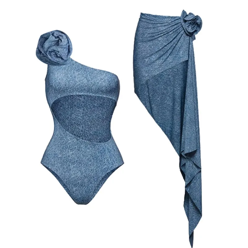 

One Piece Swimsuit For Women European And American One-piece Swimsuit Shoulder D Flower Decoration Hollow Denim Print Swimsuit S
