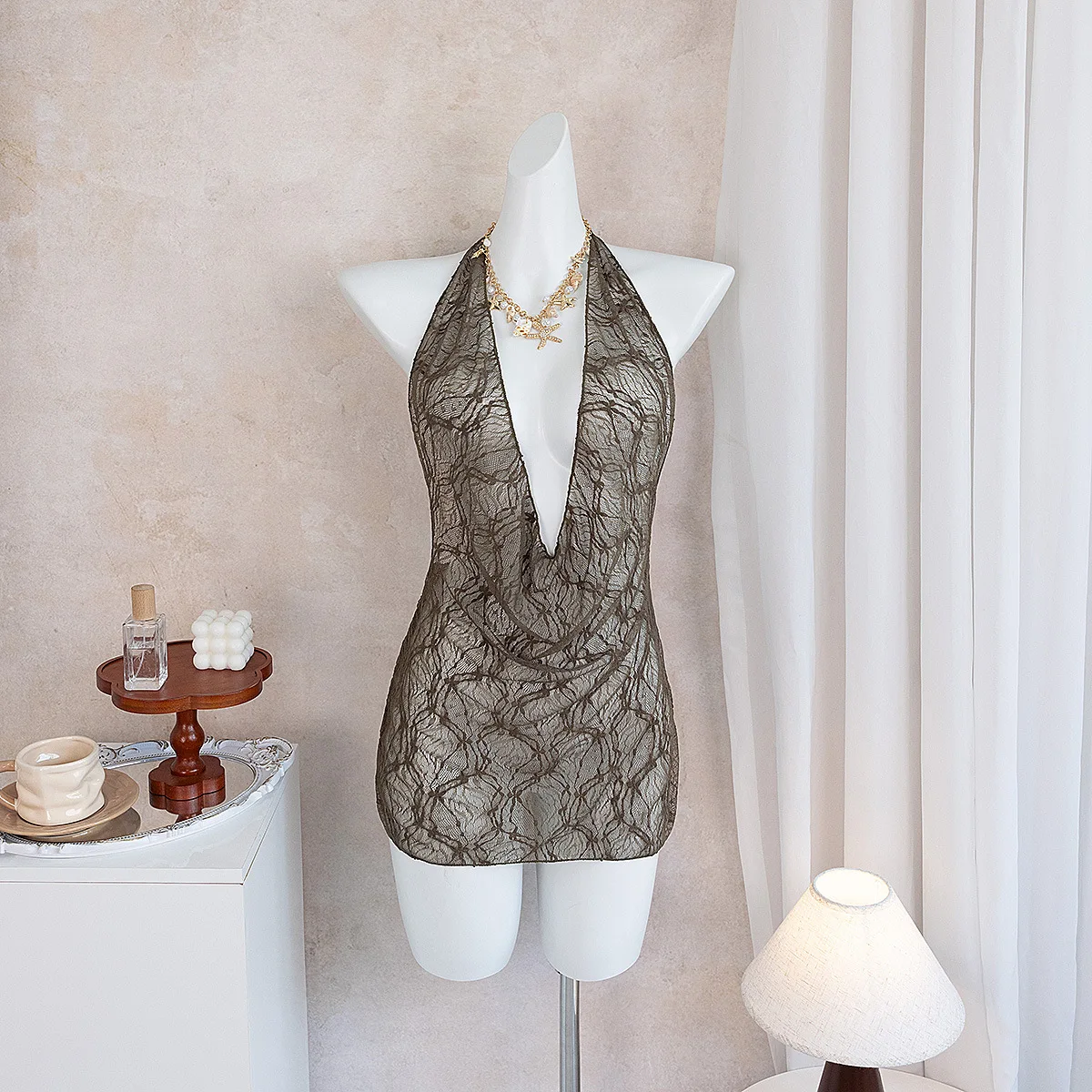 2026 New Women's Casual Beach Cover Ups Brown Deep V Neck Pleate Lace Short Dress Spring & Fall Vacation Sun Protection Smock