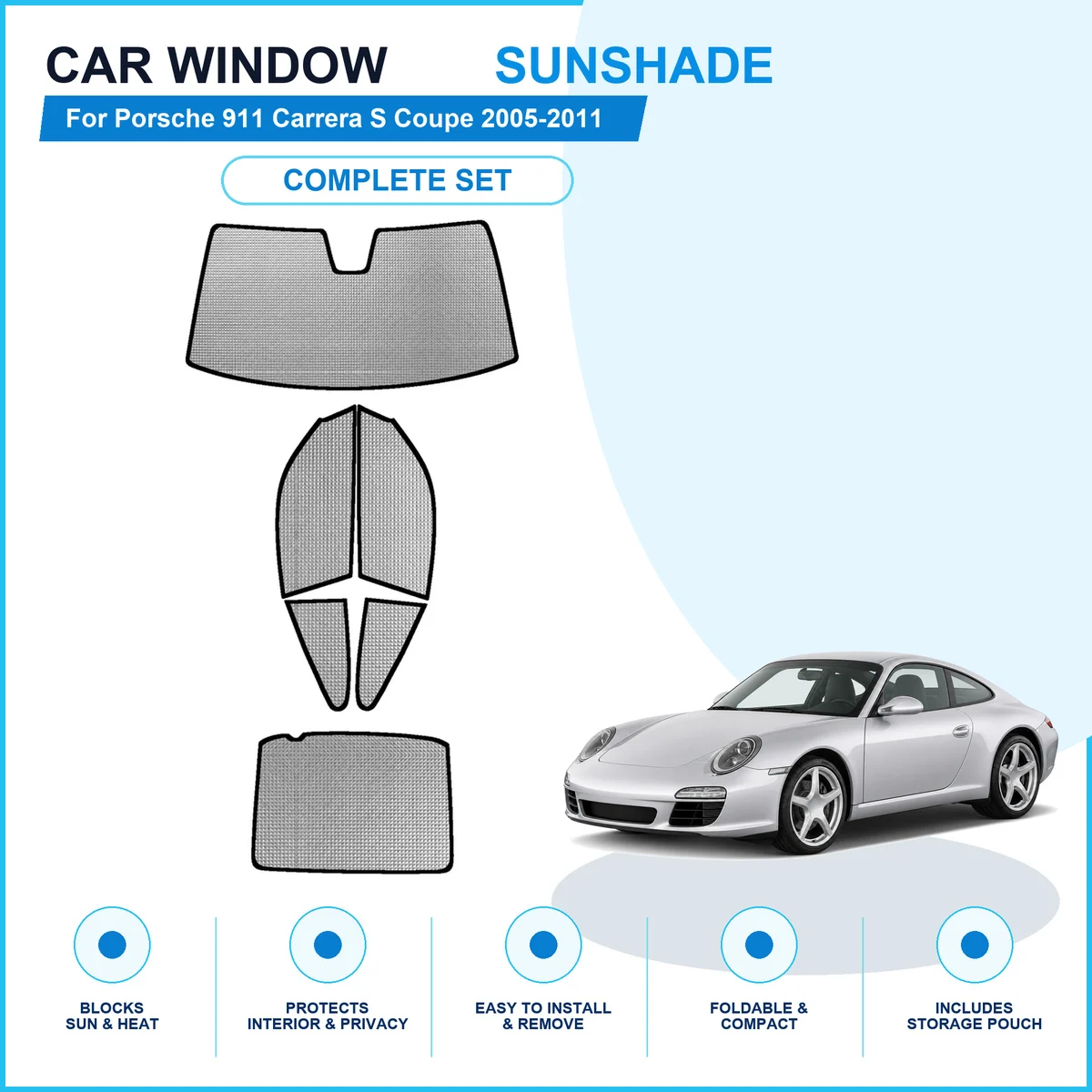 For Porsche 911 Carrera S Coupe 2005-2011 Custom Full Set Window Sunshades Aluminum Foil Suction Cup Anti UV Privacy