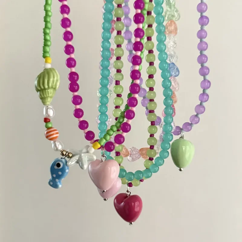 Y2K Girls Love Pendant Necklace with Glass Beads And Acrylic Ceramic Fish Summer Sweet Fashion Jewelry Accessory