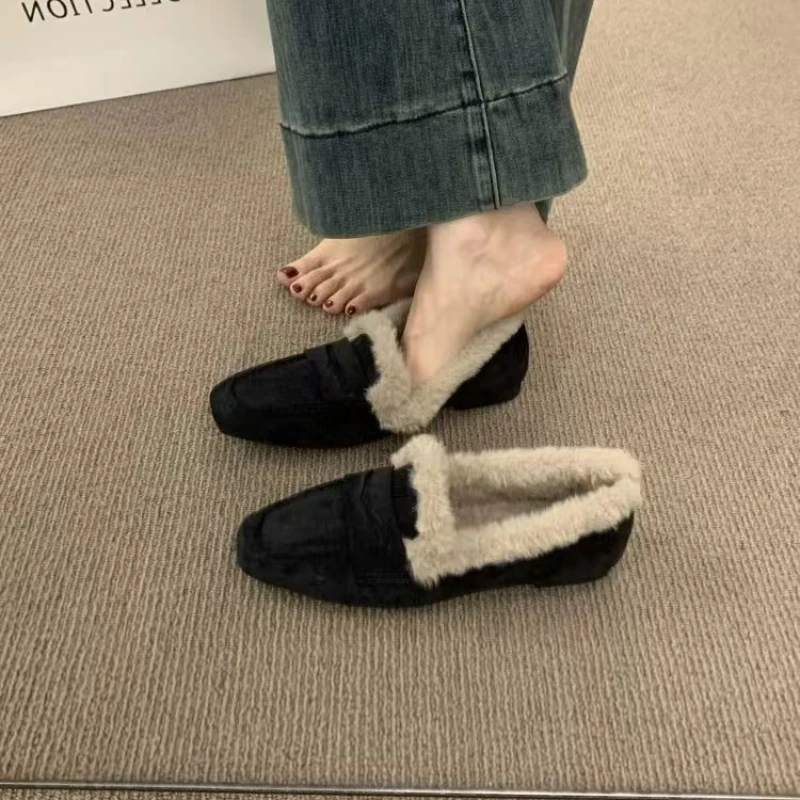 Plush Women's Flats High Quality Faux Suede Stitched Square Toe Design Loafers 2025 Winter Comfortable and Warm Women's Shoes