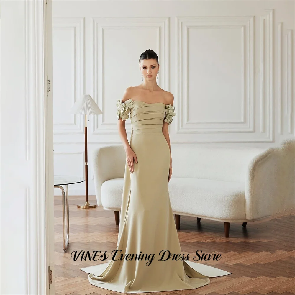 

VINES Beige Party Dresses with Floral Short Sleeves Evening Dresses Off Shoulder Mermaid فساتين السهرة Customized