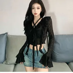 Spring Summer Flared Sleeve Shirt Black Slim Crop Top Women Gothic Vintage Grunge V-neck Ruffled See-through Blouse Streetwear