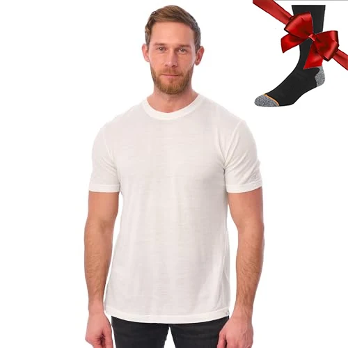 Men's 100% Superfine Merino Wool Base Layer T-Shirt Wicking Breathable Quick Dry Anti-Odor Top with Merino Wool Socks Set