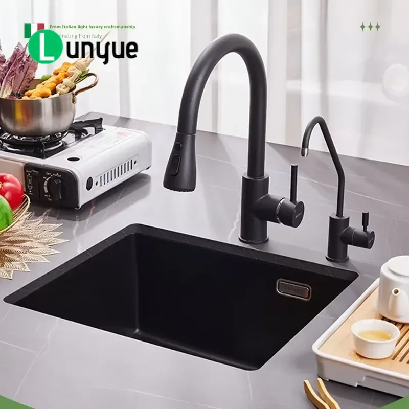 Black Quartz Composite Granite Kitchen Sink Single Bowl Undermount Modern Style Durable Farmhouse Vegetable Washing Basin