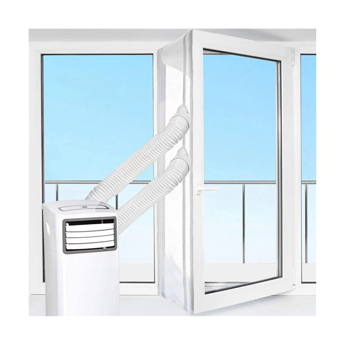 ซีลหน้าต่างสําหรับเครื่องปรับอากาศแบบพกพา แผงซีลผ้ายืดหยุ่น 400 ซม. ซีลหน้าต่างพร้อมซิปและกาวด่วน