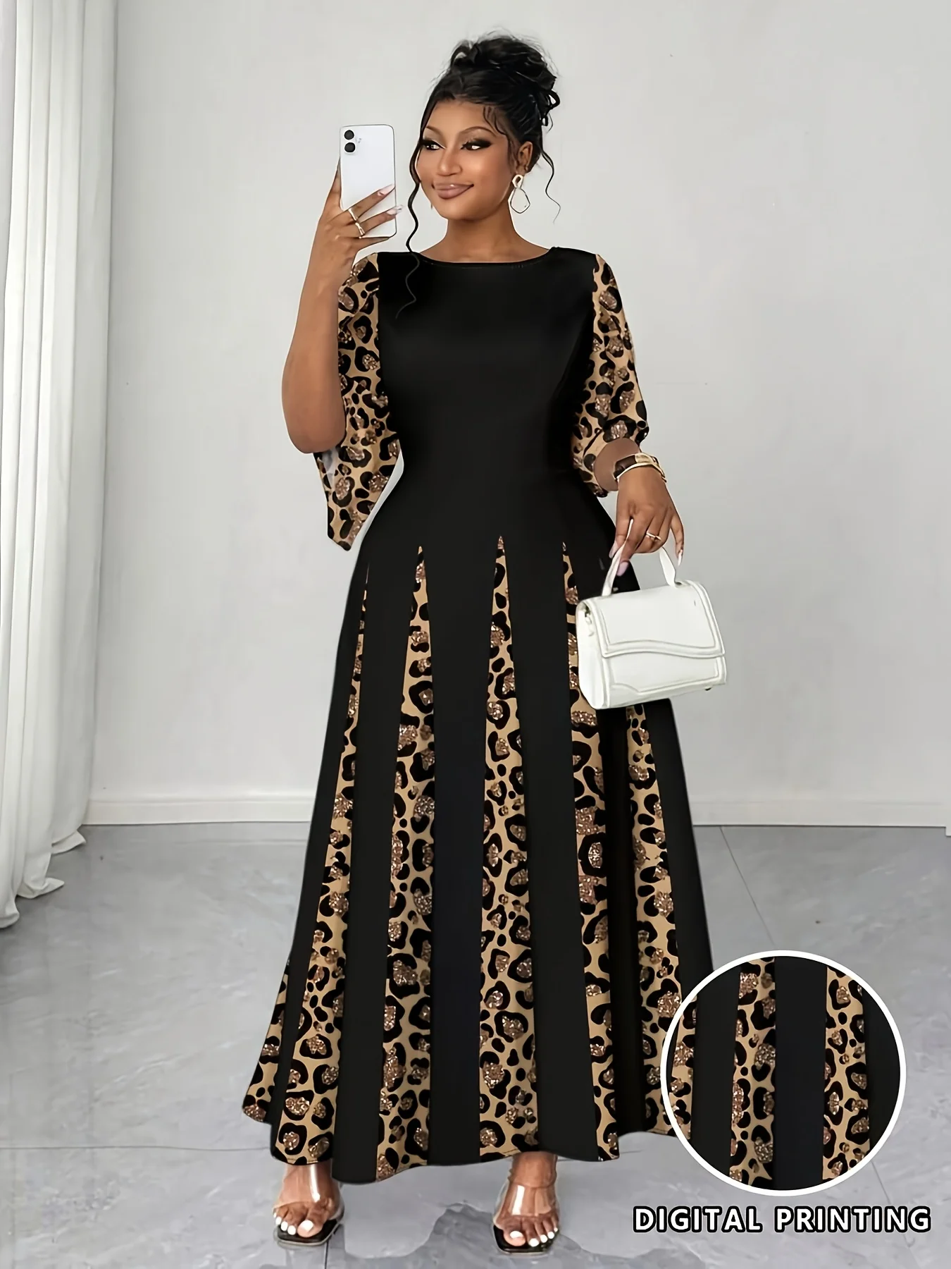 Elegante Vestido Maxi con Estampado de Leopardo, Vestido Largo de Manga Larga a la Moda para Tallas Grandes, Ropa de Mujer Cómoda y Estilosa