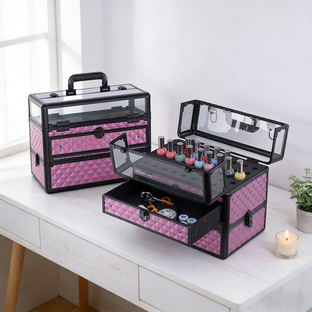 

Чехол-органайзер для лака для ногтей с текстурой розового бриллианта, многослойный косметический чехол с прозрачными отделениями