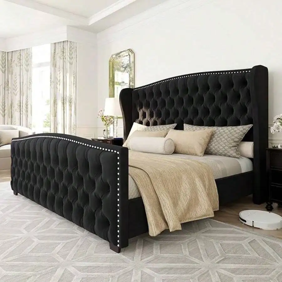 Velvet Upholstered Bed With Deep Button Tufted & Nailhead Trim Wingback Headboard/No Box Spring Needed/Black