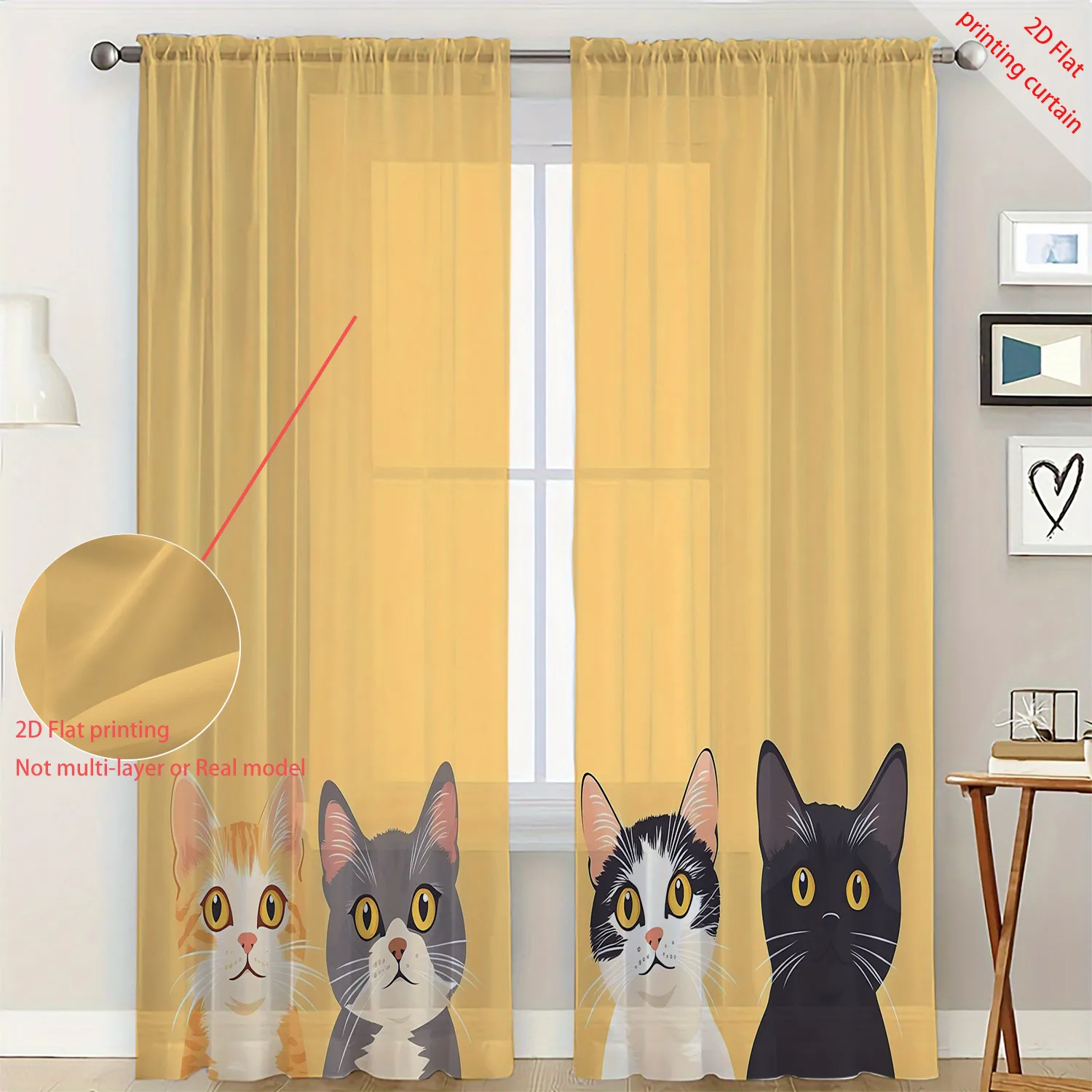 Cat illustration printed gauze curtains, transparent home curtains, office, dormitory, living room balcony window decorations
