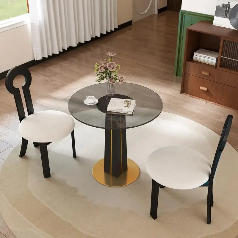 Modern Round Negotiation Table - 85cm Tempered Glass Top, Black Wood Legs with Gold Metal Base, Ideal for Office or Conference