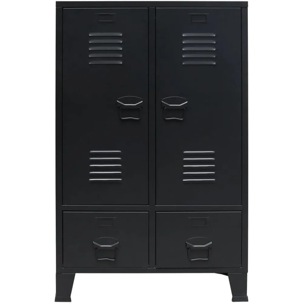 خزانة ملابس سوداء على الطراز المعدني الصناعي مع أرفف وأدراج قابلة للتعديل، وحاملي بطاقات اسم فريدة من نوعها - متينة وعملية