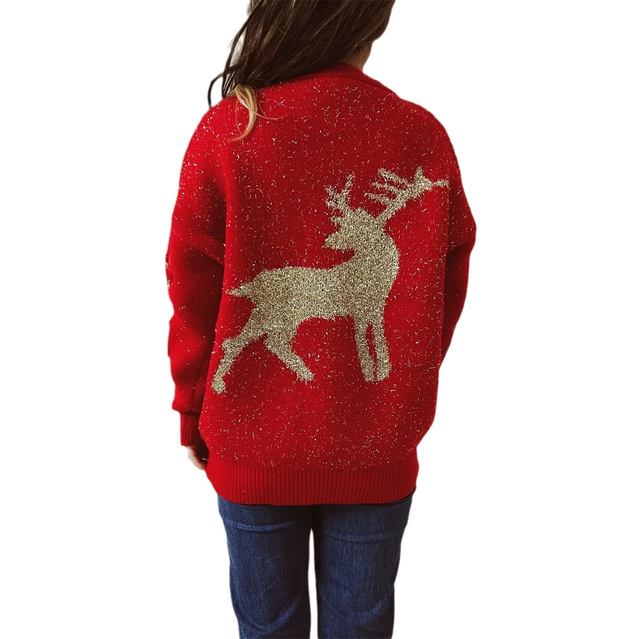 Autumn And Winter New Christmas Sweater Ribbon Gold Jacquard Deer Round Neck Thickened Knitted Pullover