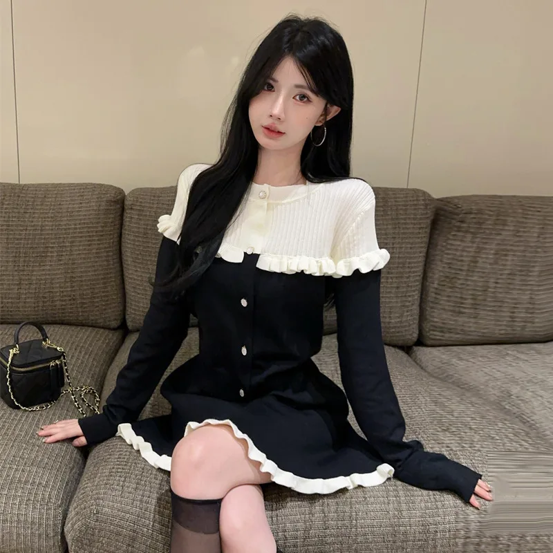 

Slimming Color Block Wood Grain Open Cardigan Skirt Set for Women Autumn Fashion Casual Sportswear Ensemble