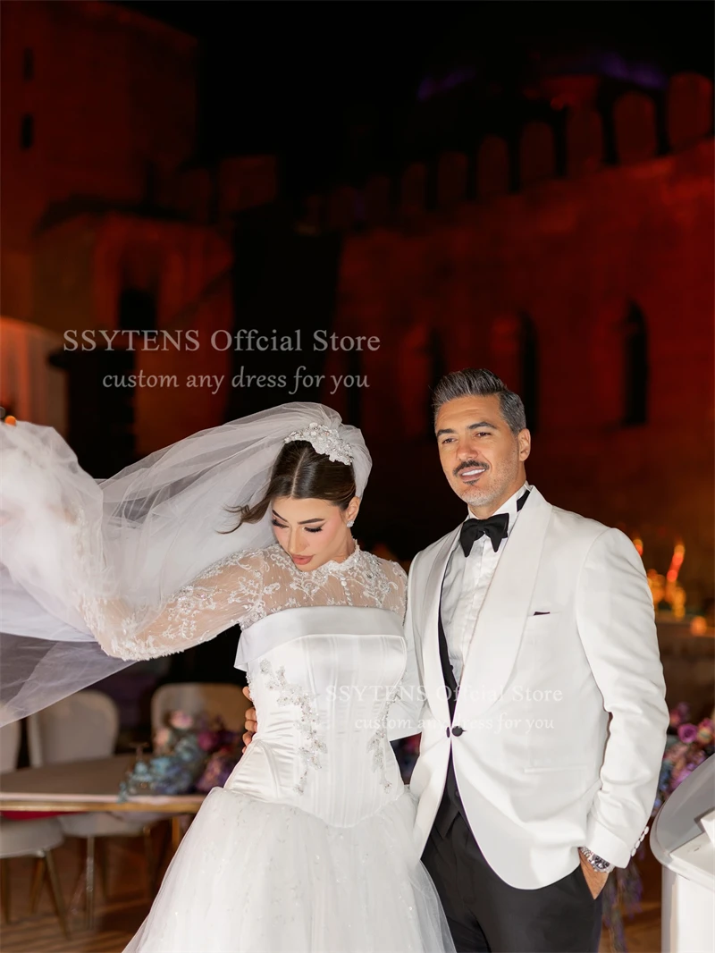 فساتين زفاف مدنية أنيقة من SSYTENS برقبة عالية على شكل حرف A زي العرائس مزينة بالترتر وفتحة جانبية فساتين عروس أنيقة حسب الطلب