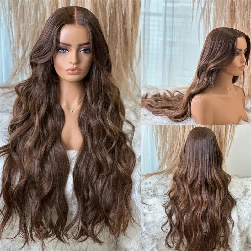 

High Quality Wig Ombre Chestnut Brown Highlights Synthetic HD Lace Front Wig 32 Inch Super Long Body Wave Wig Daily Cosplay Wigs