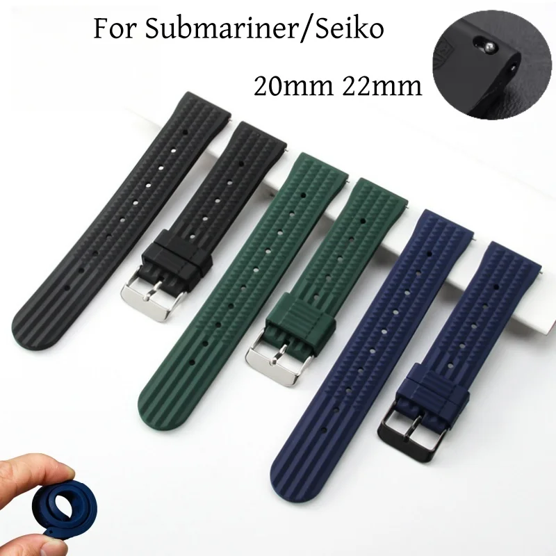 High-quality silicone watch bands compatible with Submariner, Seiko 007, Turtle, and Mini Marine Master, 20/22mm, blue and black