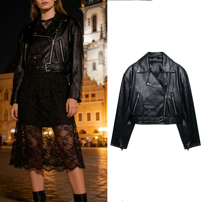 

Женская укороченная куртка из искусственной кожи на молнии с отложным воротником, свободного кроя, для мотоциклистов, весна 2026