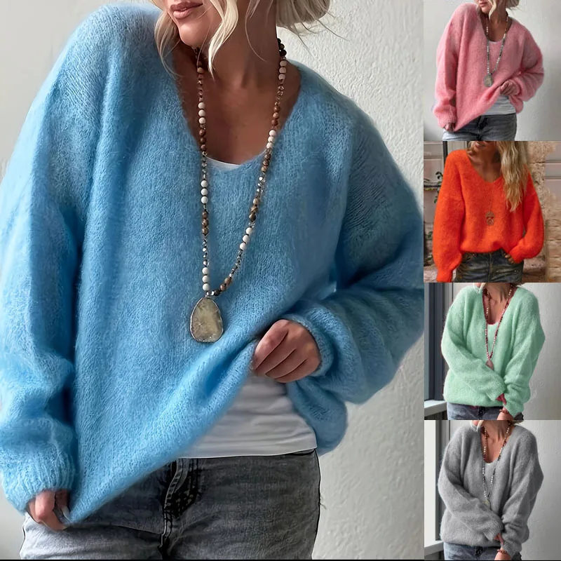 

Casual Simple Long Sleeve Knitted Pullovers Autumn Winter New Women Commute Sweater Elegant V-neck Pure Color Loose Jumpers Lady