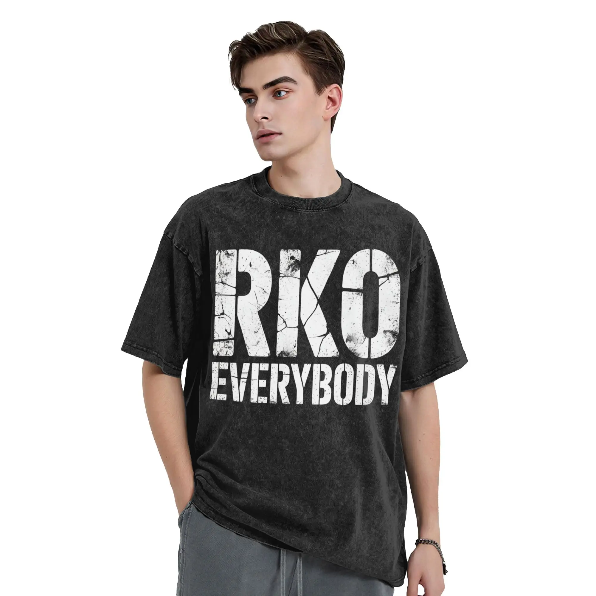 Wrestling RKO Everybody  Vintage Washed T-Shirt Men Cotton Tops Shirts Hip Hop  O-neck Short Sleeve