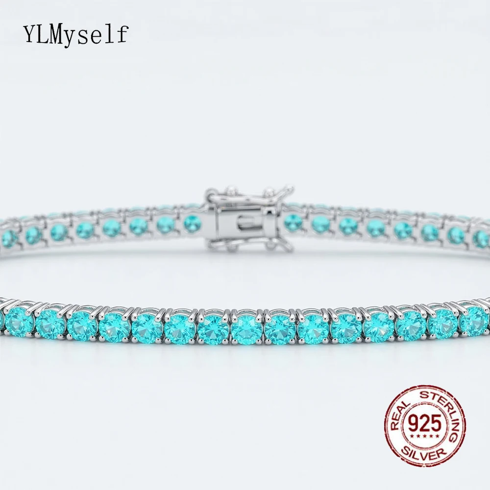 

YLMyself 925 Silver Tennis Bracelet 3mm Paraiba Cubic Zirconia Pave 16/17/18cm Fine Jewelry
