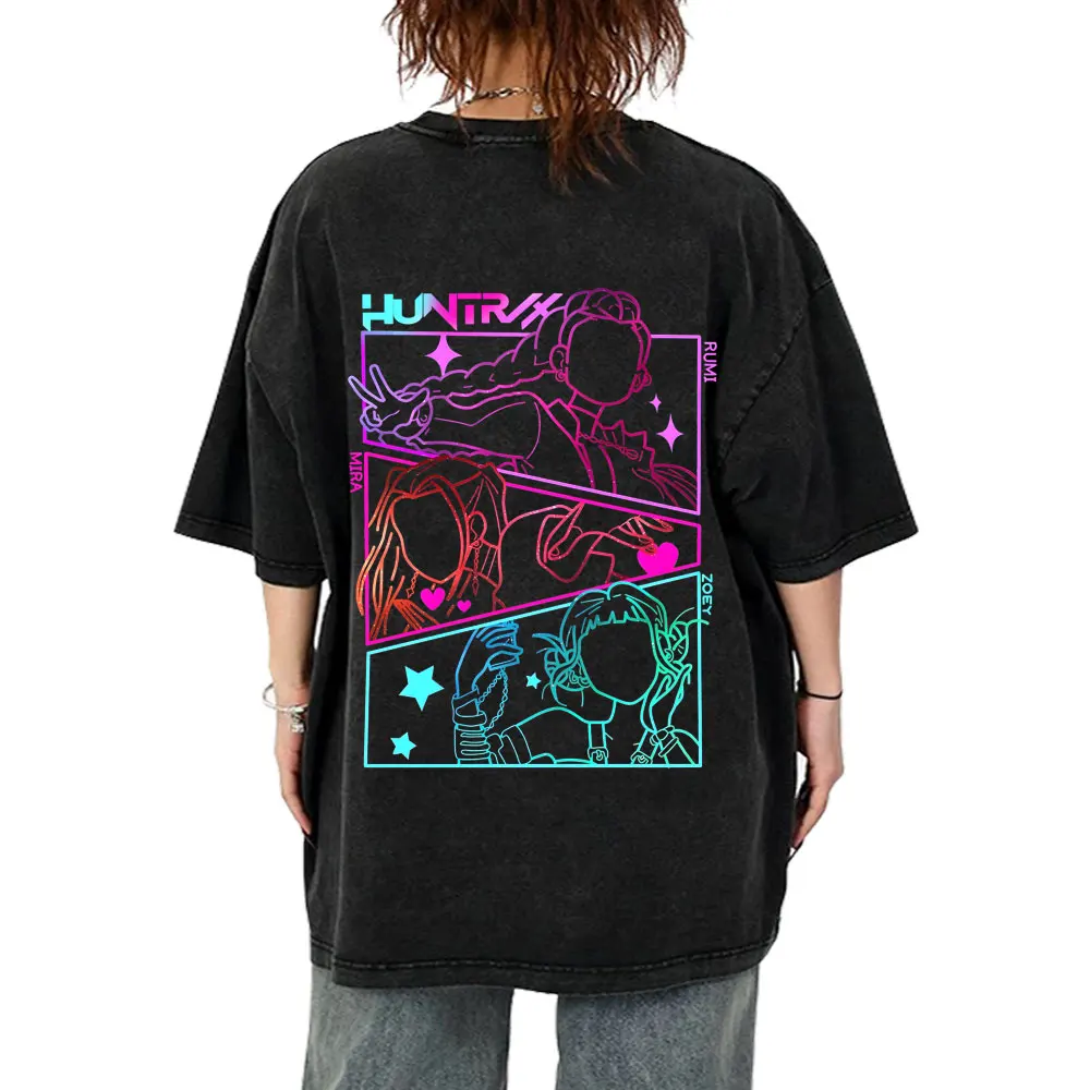 

Movie KPop Demon Hunters Washed T-shirt Kawaii Rumi Mira Zoey Graphic T Shirts Summer Men's Women's Fashion Vintage Tshirt Tops