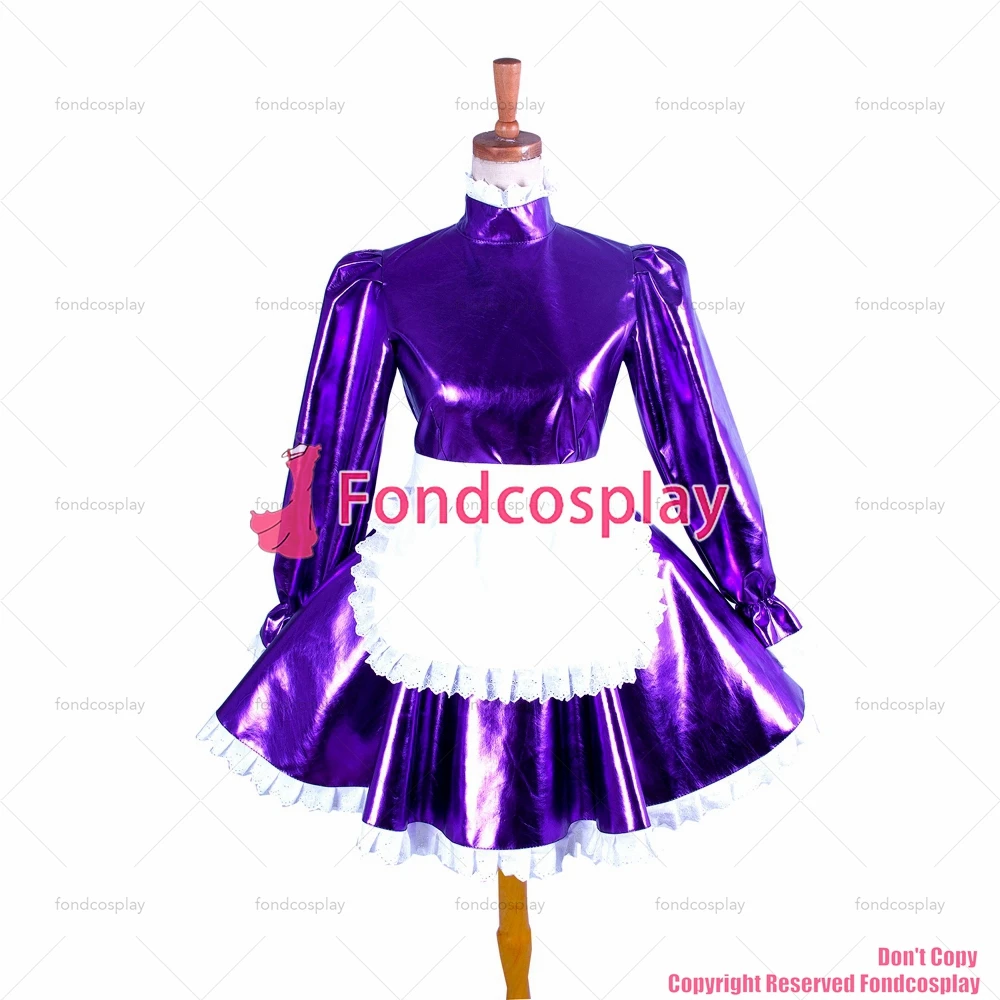 fondcosplay adult cross dressing sissy maid short Purple heavy PVC lockable Dress vinyl Uniform white apron CD/TV[G1046]