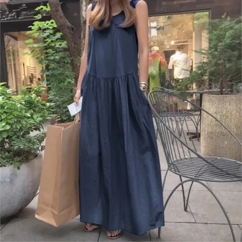 

Women Loose Casual Long Dresses Summer Women with Pocket Vintage Denim Blue Sundress Lady A-line Big Swing Beachwear Vestidos