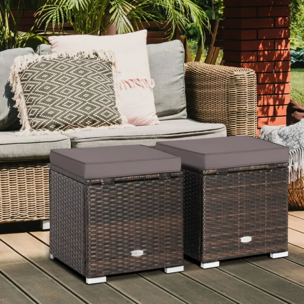 

2PCS Patio Outdoor Rattan Wicker Ottoman Heavy-Duty With Hidden Storage Space