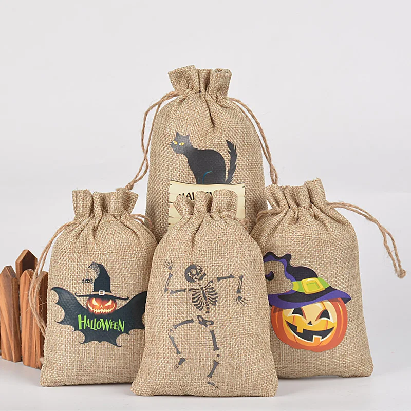 50pcs/Lot Halloween Packaging Bag Candy Cookie Chocolate Storage Draw String Pouch Children's Bag Party Decoration Linen Bags