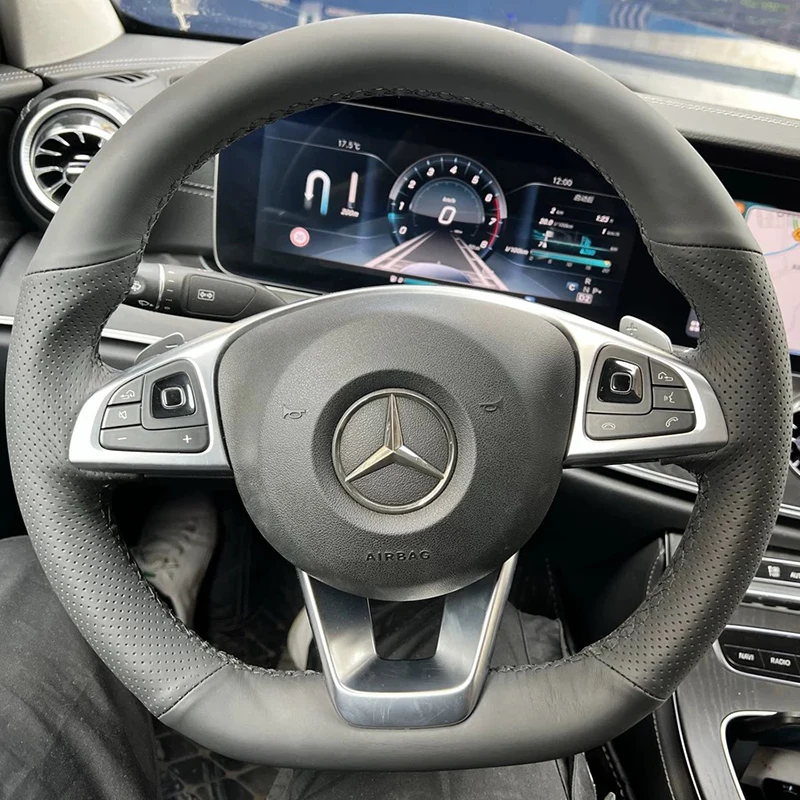 لمرسيدس بنز W176 W246 W205 C117 218 X218 C253 W213 W166 مخيط يدويا أسود من جلد الغزال ألياف الكربون غطاء عجلة توجيه سيارة