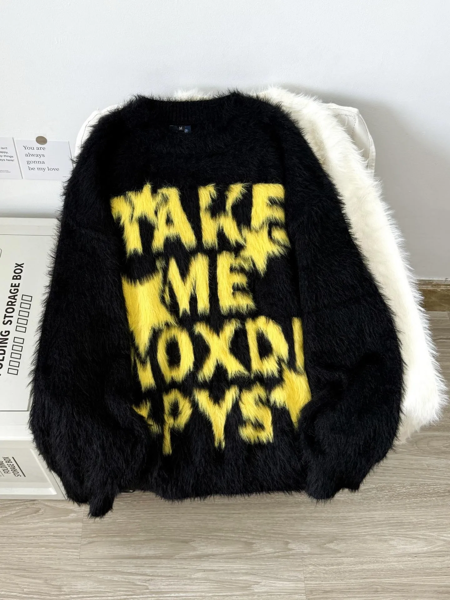 

Раннеосенний американский уличный свитер из мягкого норкового трикотажа с надписью, для пар, осенне-зимний, свободный, драпированный, вязаный, для мужчин и женщин