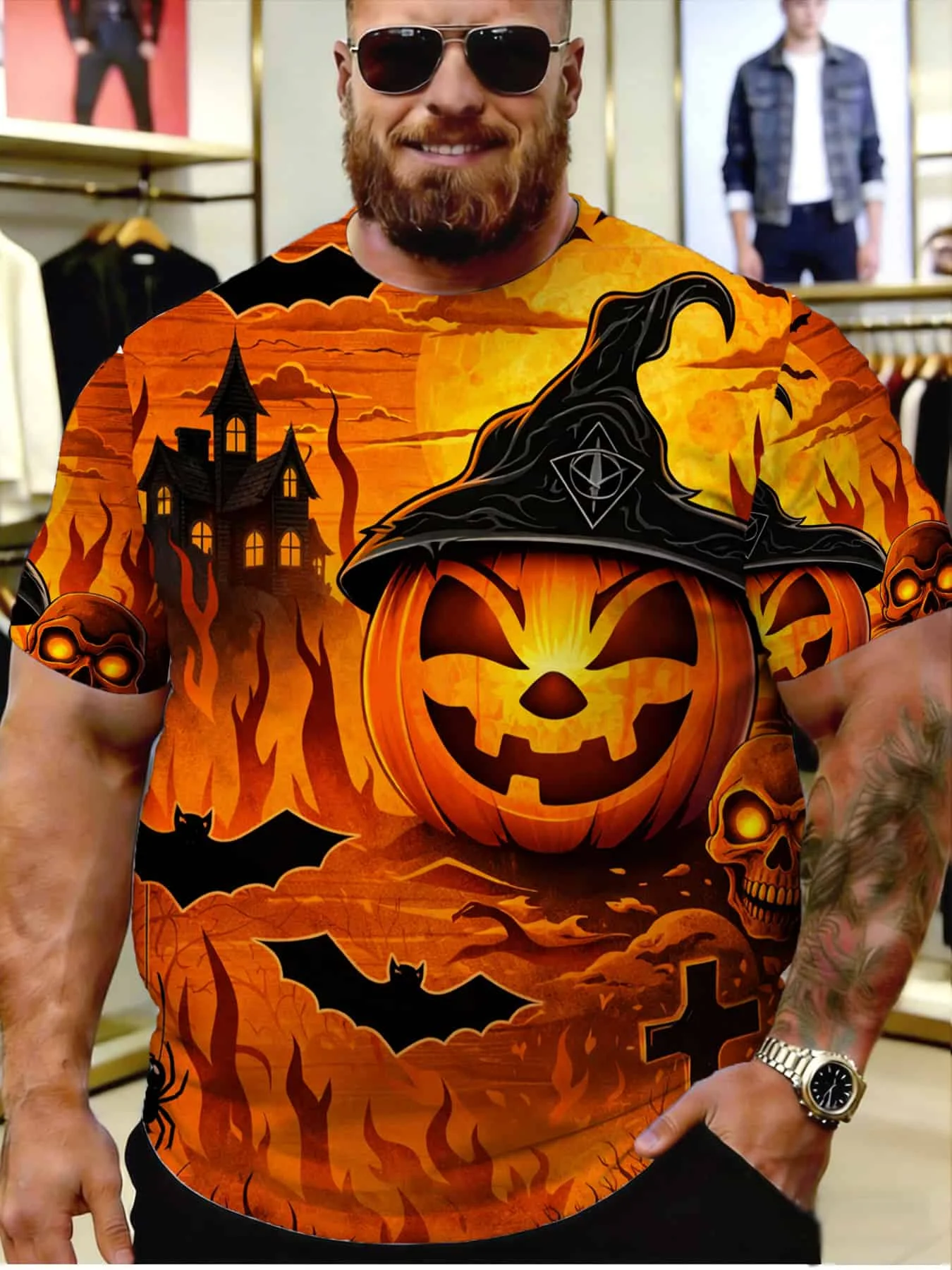 Men Short Sleeve T‑Shirt 3D Witch Hat Pumpkin Skull Bat Haunted House Tombstone Print Halloween Gothic Party Casual Top