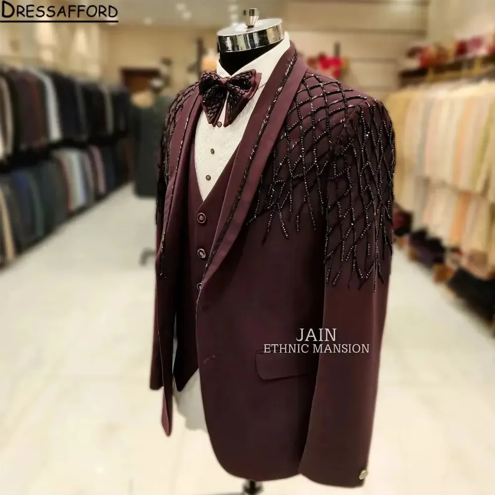 Burgundy Men's Suits Fashion 2 Pieces Sets Groom Prom Blazers Pearls Beading Decoration Tuxedos Men