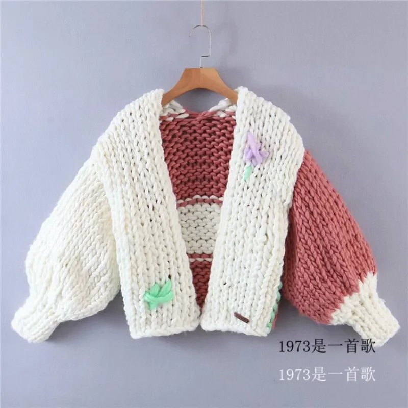 Handmade Thick Needle Stitching Contrast Color Colorful Short Sweater Thickened Buckle-Free Knitted Cardigan Coats Autumn Female