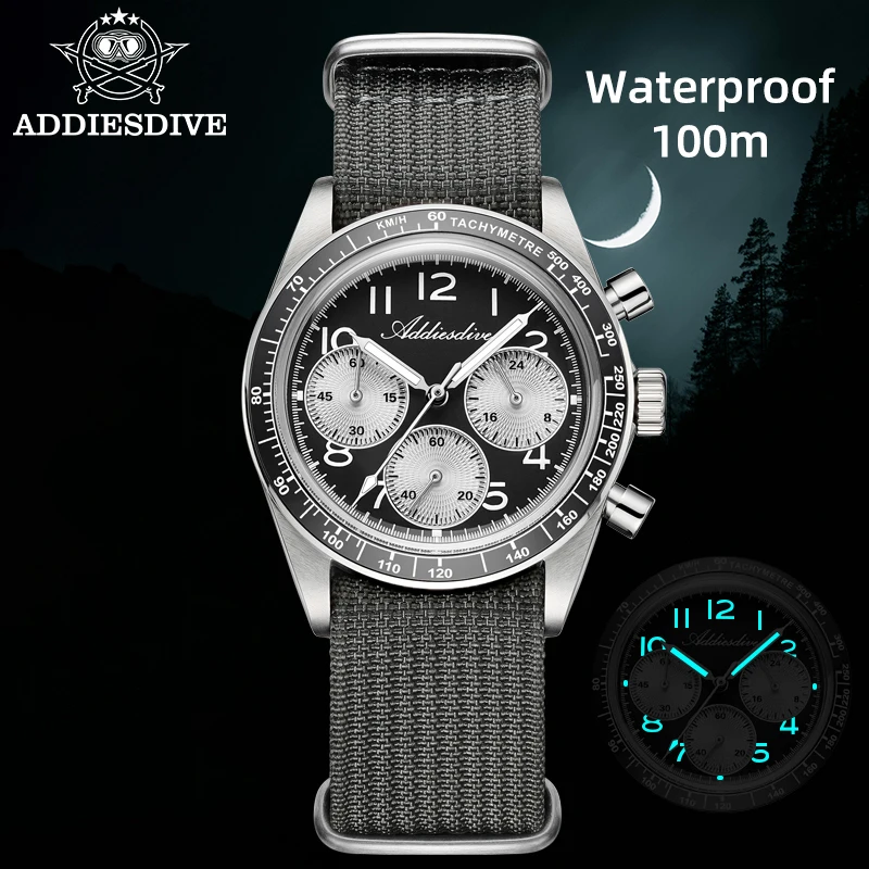 

ADDIESDIVE New Men's Quartz Chronograph Watches Luminous 100M Waterproof Wristwatch Ceramic Bezel Bubble Glass Fashion Man Watch