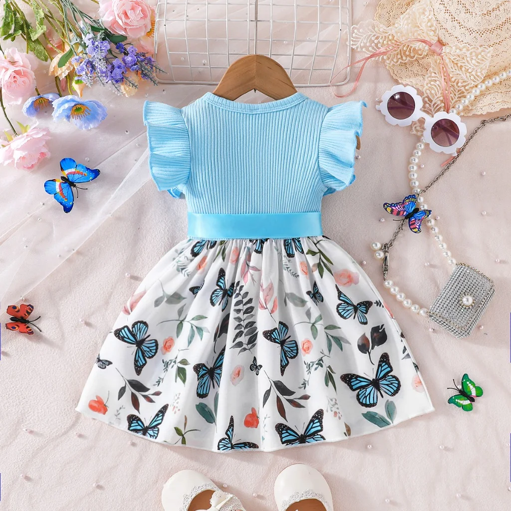 Dress For Kids 6-36 Months Cotton Ruffle Sleeve Cute Butterfly Floral Summer Princess Formal Dresses Ootd For Newborn Baby Girl