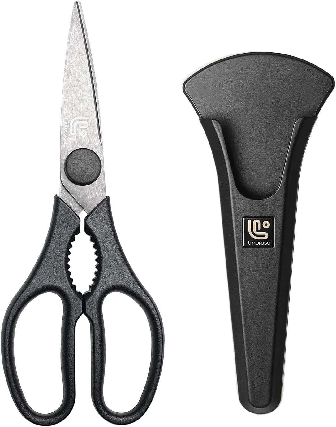 Linoroso Kitchen Scissors All Purpose Kitchen Shears with Magnetic Holder, Heavy Duty Scissors Shears Dishwasher Safe, Come Apart Food Scissors for Meat, Poultry, Cooking, BBQ, Vegetable, Herbs, Black