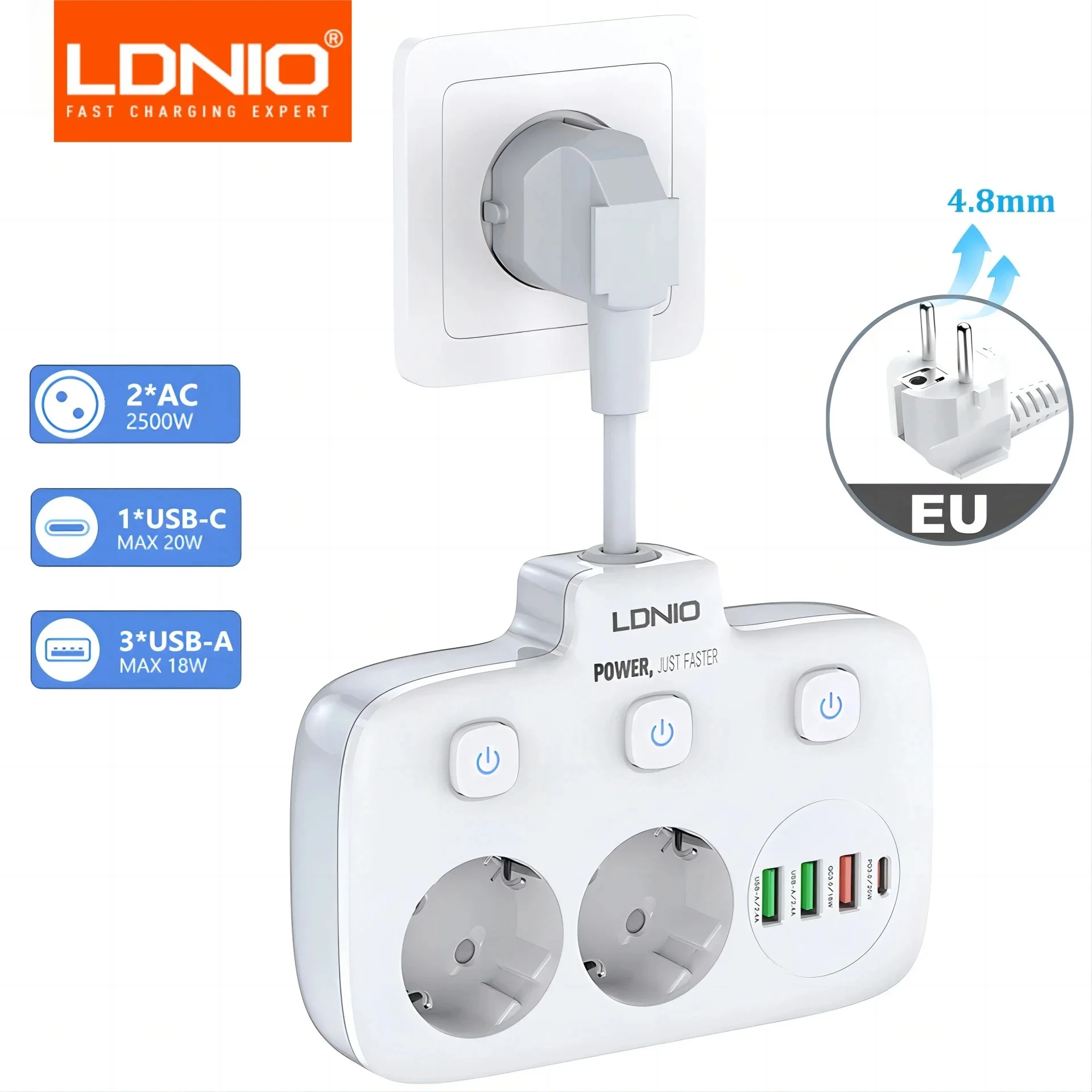 LDNIO zasilacz listwy zasilającej do gniazdo elektryczne wyjściowej Europlug 4 USB z przedłużającym kablem zabezpieczającą przeciwprzepięciową