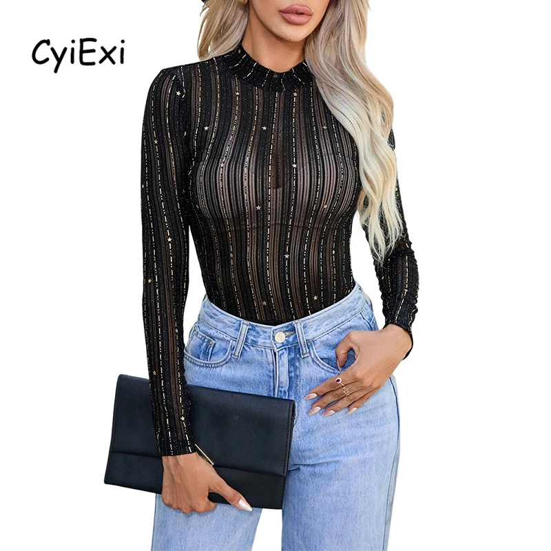 

Сексуальное черное боди CyiExi с длинным рукавом со звездами для женщин, сексуальное Сетчатое прозрачное облегающее боди, топы, женская одежда для ночного клуба, женская одежда