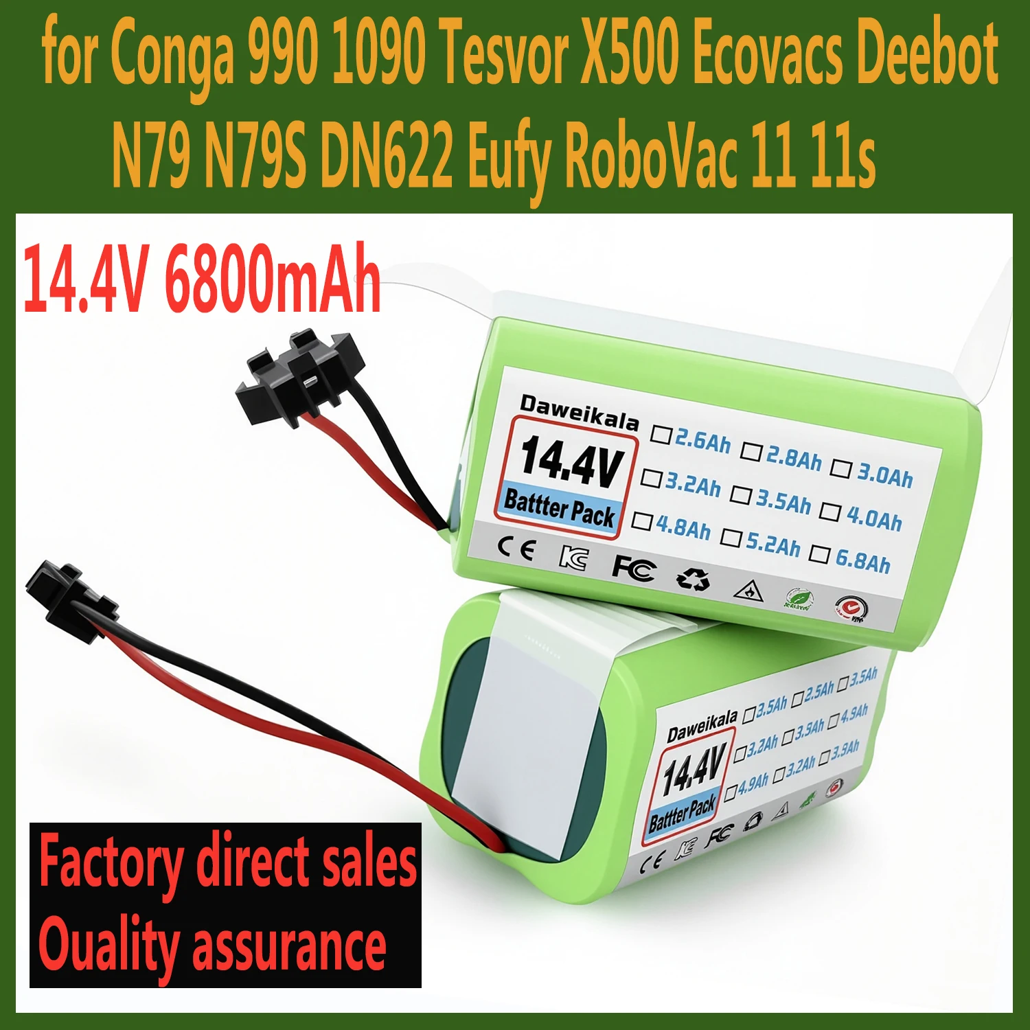 44S1P 14.4V 6800mAh Replacement Li-ion Battery Pack for Conga 990 1090 Ecovacs Deebot N79S N79 DN622 Eufy Robovac 11 11 S