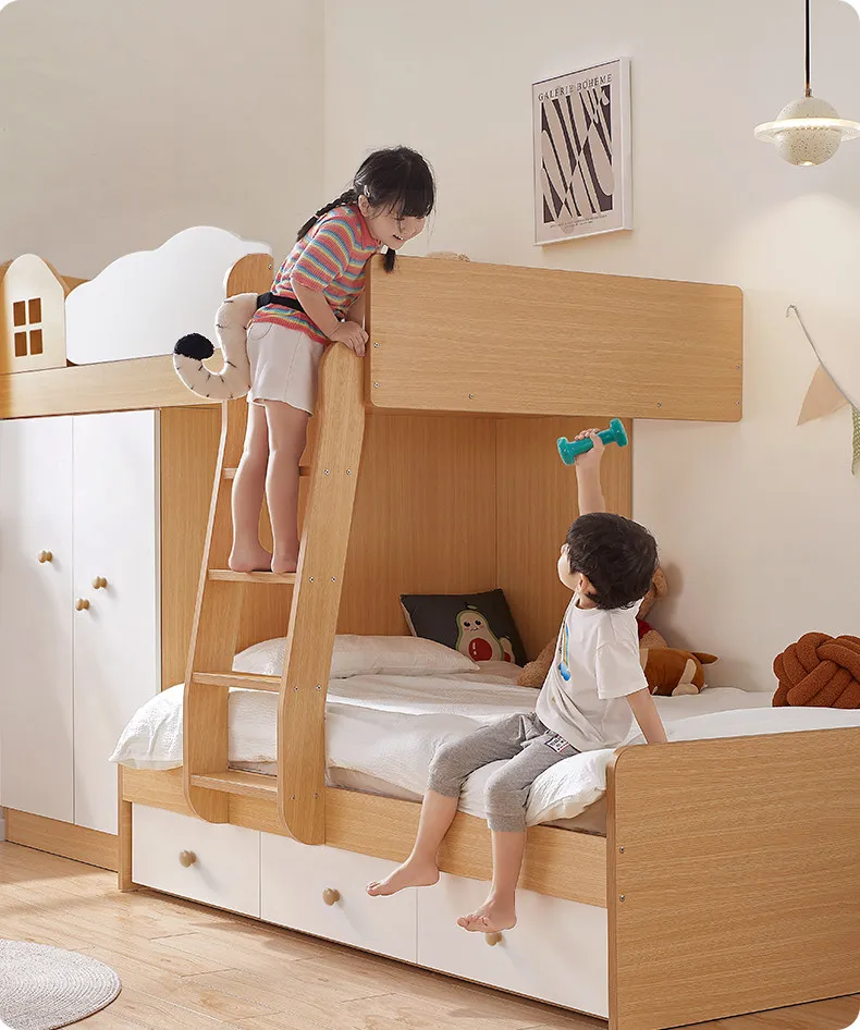 Factory Direct 2026: Staggered Kids Bunk Bed with Wardrobe for Small Spaces