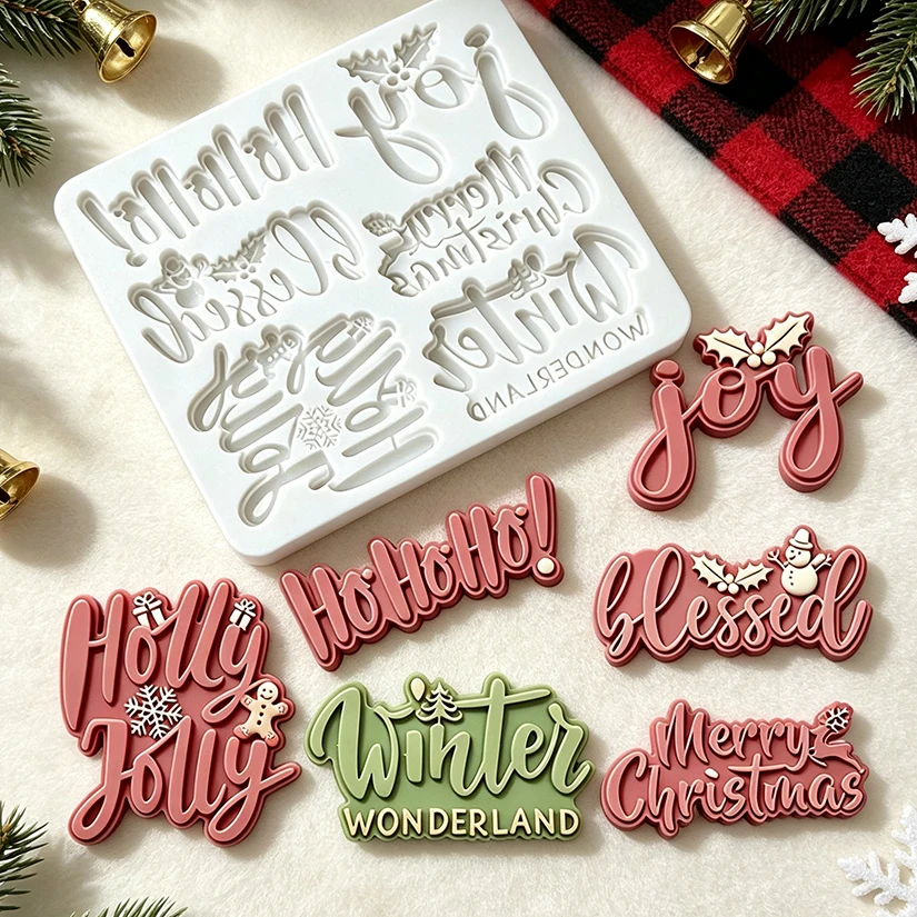 Christmas Letter Joy Blessed Holly Jolly Silicone Mold for Sugarcraft Resin Cupcake Baking Fondant Cake Decorating Tools