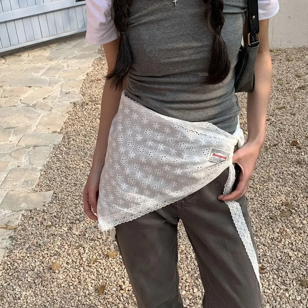 Soft Sweet Lace Half Skirt Flower Embroidery Y2K Gauze Skirt Lace-up Hight Waist Outwear Mini Skirt Streetwear