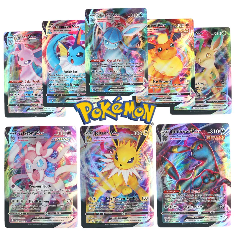 Englische Pokemon-Karten, 100 Stück, glänzende Vmax Eevee Sylveon Umbreon Flareon Espeon Jolteon Vaporeon Flash-Karten, Geschenke für Kinder