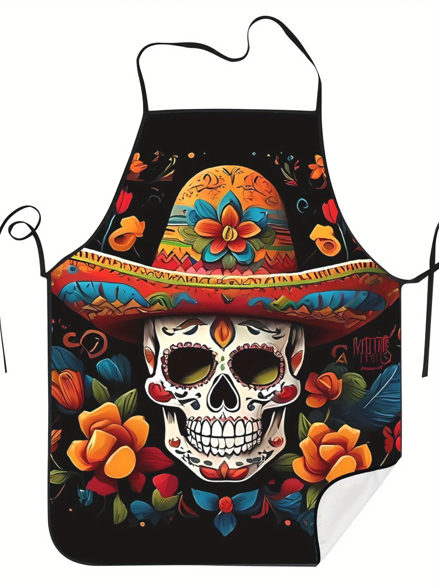 Mexican Sugar Skull Apron, Colorful Day of the Dead Graphic Cooking Bib, Retro Floral Kitchen Decor, Gift for Chef