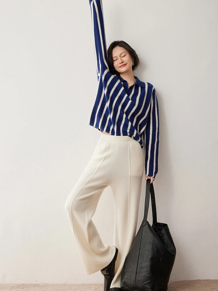 Hohe Taille, elastische Taille, Damen-Hose mit weitem Bein, Herbst-Winter, bequeme Strickhose aus 100 % Kaschmir, Grace-Freizeithose