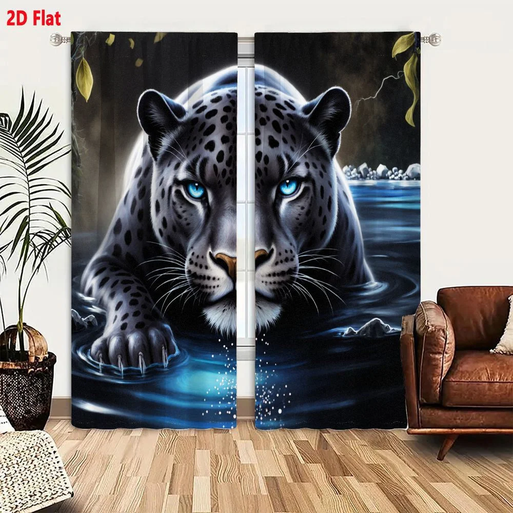 2Pcs Curtains 2D Flat Artistic Snow Leopard With Blue Eyes In Water Mystical Big Cat In River Stream Dark Misty Background Windo