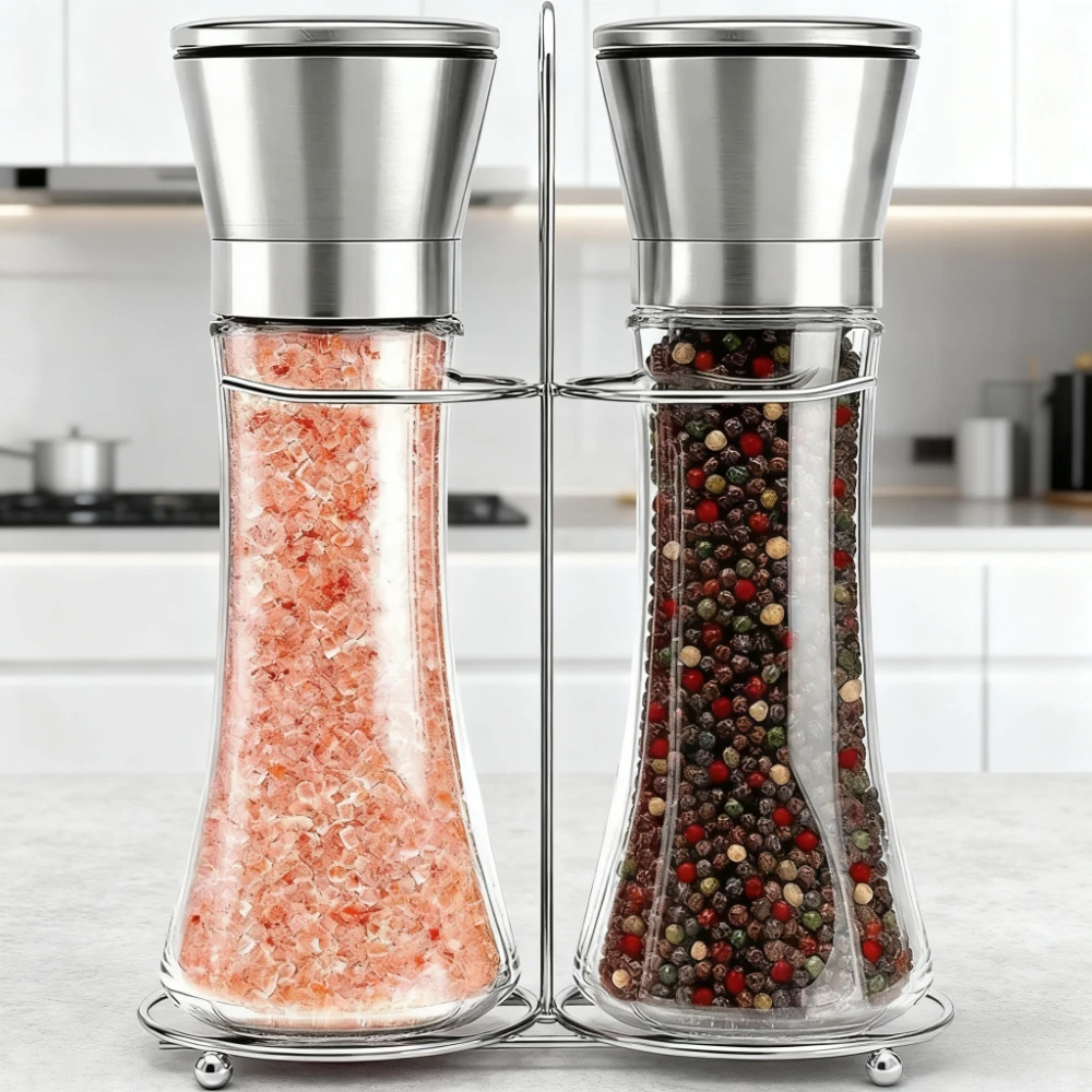 

Набор мельниц для соли и перца с подставкой Комбинированные шейкеры из нержавеющей стали с регулируемыми грубыми мельницами для перца и камней
